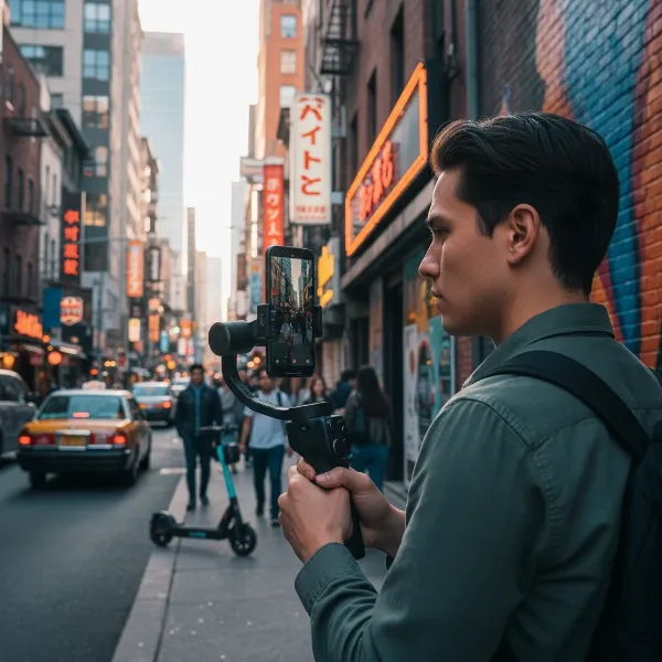 A person using a smartphone gimbal to shoot vertical video for TikTok or Reels with smooth movement