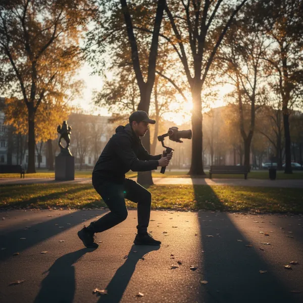Cinematic gimbal operator performing an Inception Mode (Vortex) shot while moving around a subject outdoors, showcasing smooth camera rotation and forward motion for a dynamic video effect