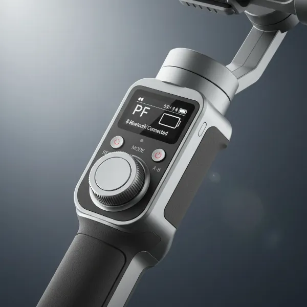 Hohem iSteady M6's ergonomic handle, showing the OLED display, multifunctional control wheel, and joystick.