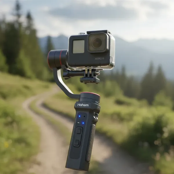 Hohem iSteady Pro 4 gimbal stabilizing a GoPro camera for professional-grade video.