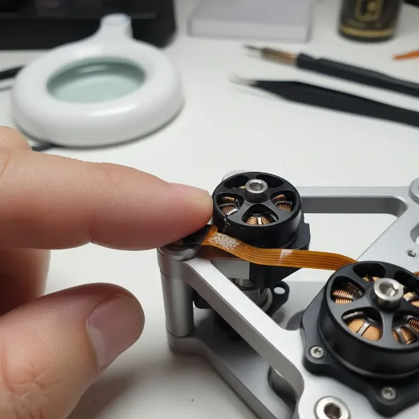 A person's hand carefully inspecting a drone gimbal for physical damage or obstructions.