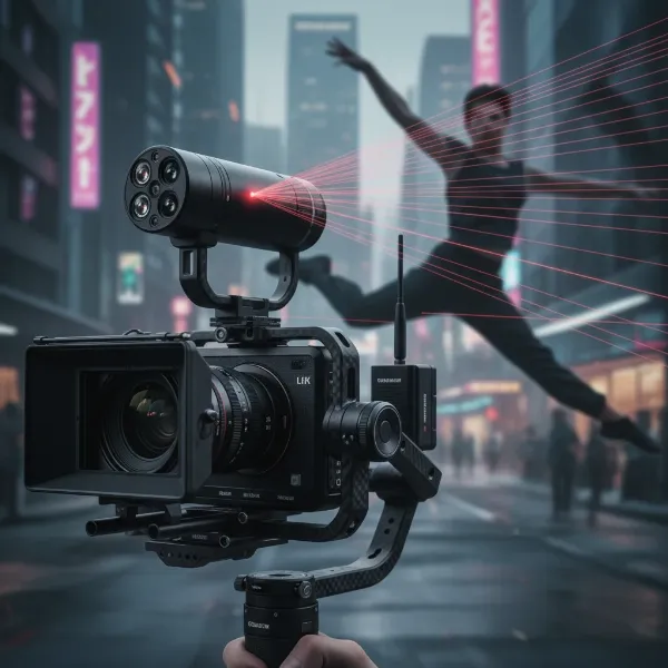 LiDAR follow focus system mounted on a gimbal, precisely tracking a subject in motion