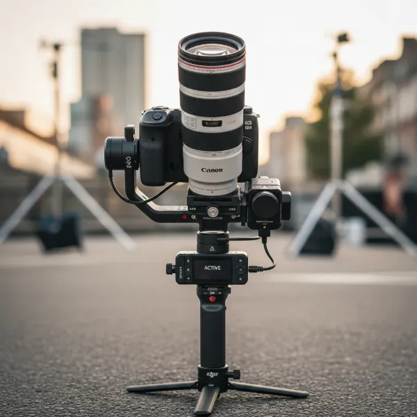 Professional camera with a long telephoto lens mounted on a three-axis gimbal, ready for shooting.