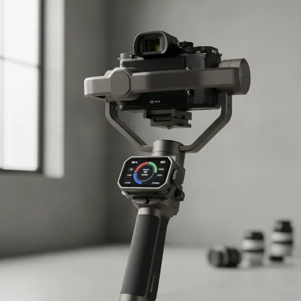 A detailed view of the Manfrotto Gimbal 460 showcasing its robust all-metal construction and touchscreen interface.