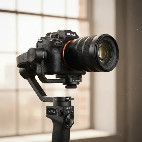 A professional camera mounted on a modern three-axis gimbal stabilizer.