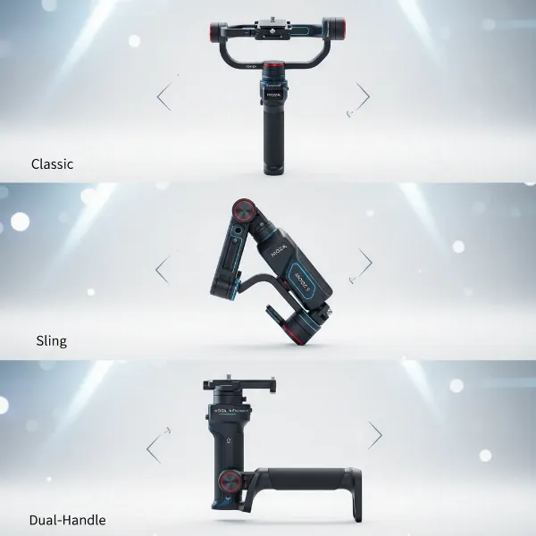 Moza AirCross 3 gimbal showcasing its unique convertible 4-in-1 design for versatile camera stabilization.