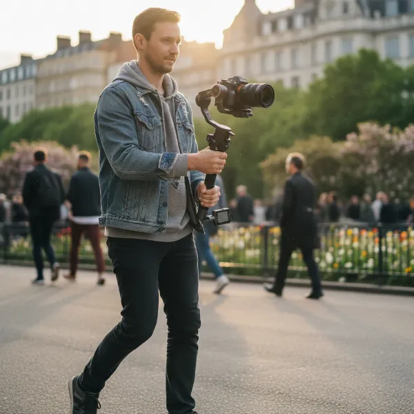 A filmmaker skillfully operating the Moza AirCross 3 gimbal with a mirrorless camera in an outdoor setting, demonstrating its practical use.