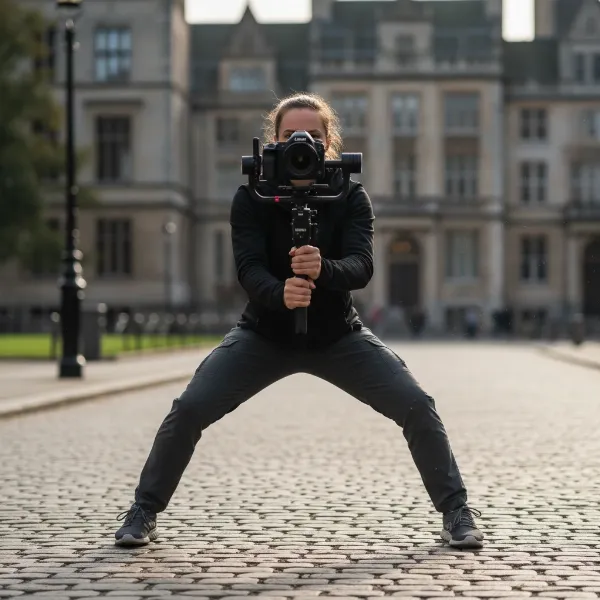 A person demonstrating the "ninja walk" technique while operating a gimbal with a camera and long lens.