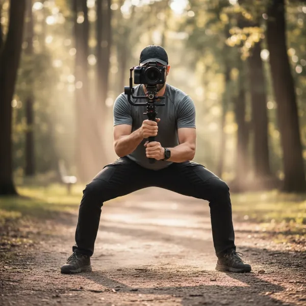 Videographer demonstrating the "ninja walk" technique with a gimbal for smooth, stable footage. 
