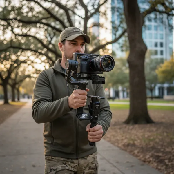 Professional videographer operating a camera on a motorized gimbal for smooth, cinematic footage.