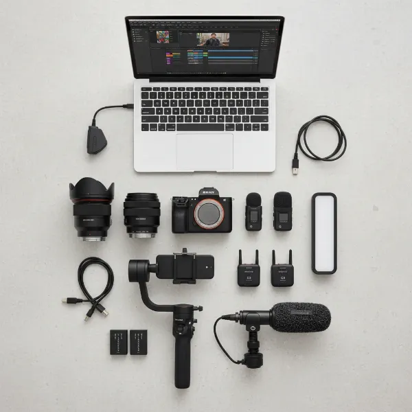 A complete professional videography kit including camera, lenses, gimbal, audio, and lighting equipment.