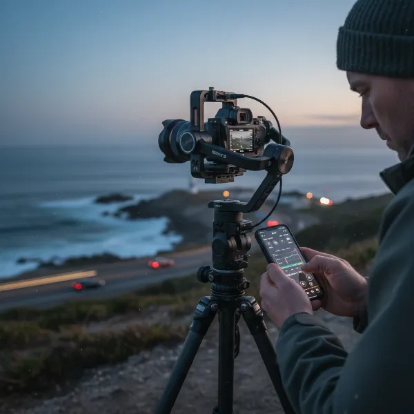 Photographer programming a gimbal for a long exposure time-lapse sequence.