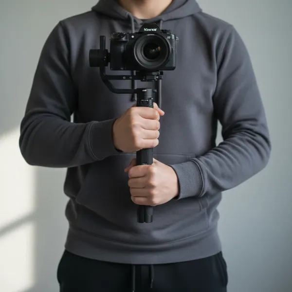 A person holding a camera and gimbal with both hands, elbows tucked in, close to the body for maximum stability.