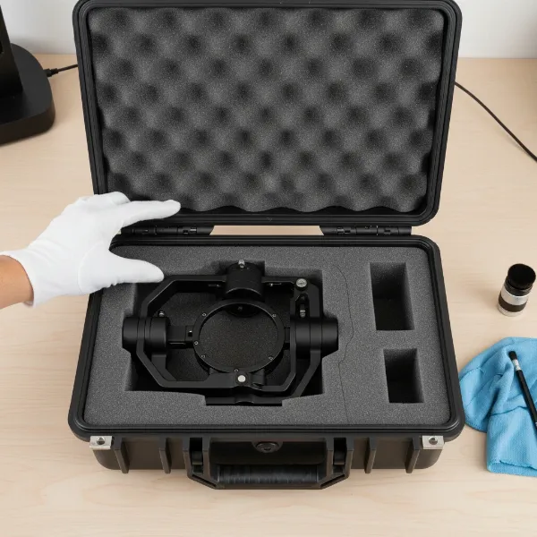 Gimbal being carefully placed into its custom protective case for safe storage, emphasizing longevity