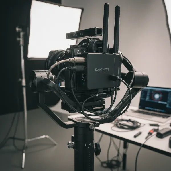 DJI RavenEye Image Transmission System physically connected to a camera and gimbal with HDMI and USB-C cables.