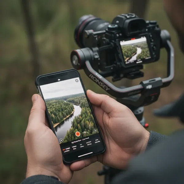 A filmmaker monitoring a shot remotely on a smartphone connected to a DJI RavenEye system, demonstrating efficient workflow.