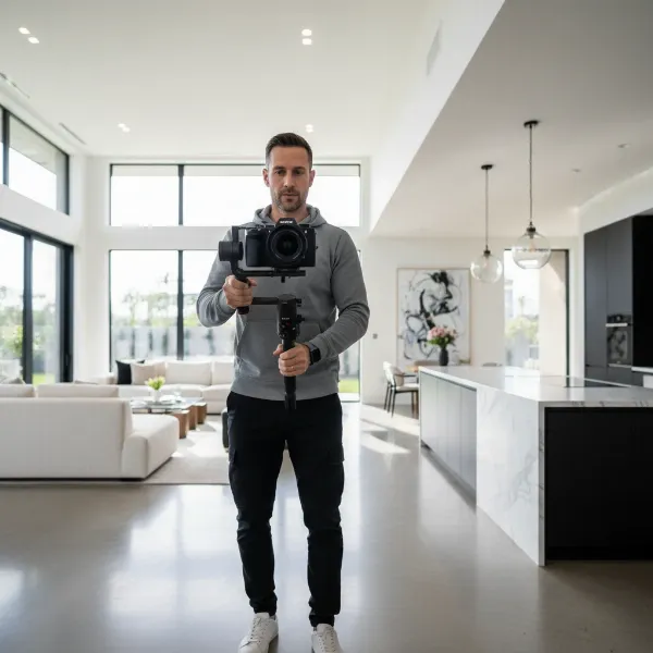 A videographer using a gimbal to film a smooth walkthrough inside a modern house.