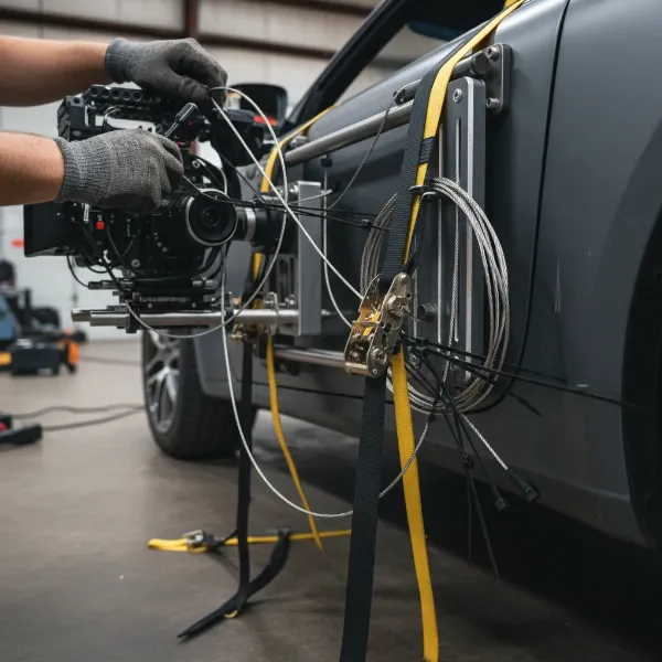 A technician meticulously securing a camera and gimbal to a car with safety straps and wires.