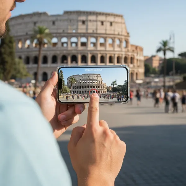Person holding a smartphone with EIS, recording a travel vlog, demonstrating portability.