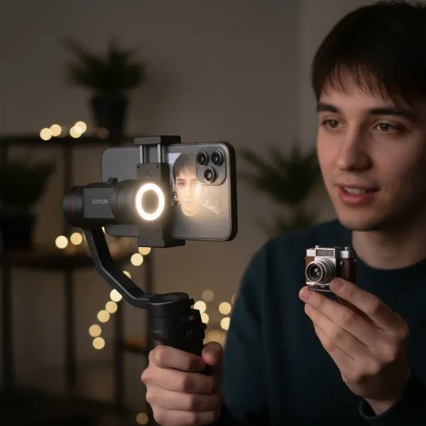 Zhiyun Smooth 5S gimbal with its built-in fill light illuminating a subject.