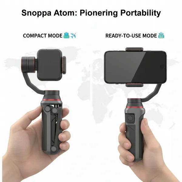 Snoppa Atom folded and unfolded showing its compact, pioneering design for portability.