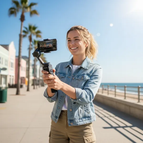 A person using the Snoppa Atom gimbal to record a vlog with a smartphone outdoors.