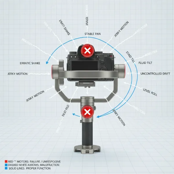 Diagram illustrating a gimbal with unresponsive motors, demonstrating erratic and jerky movements