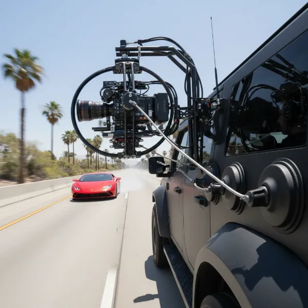 A high-speed vehicle with a robust car-mounted gimbal system filming a dramatic car chase.