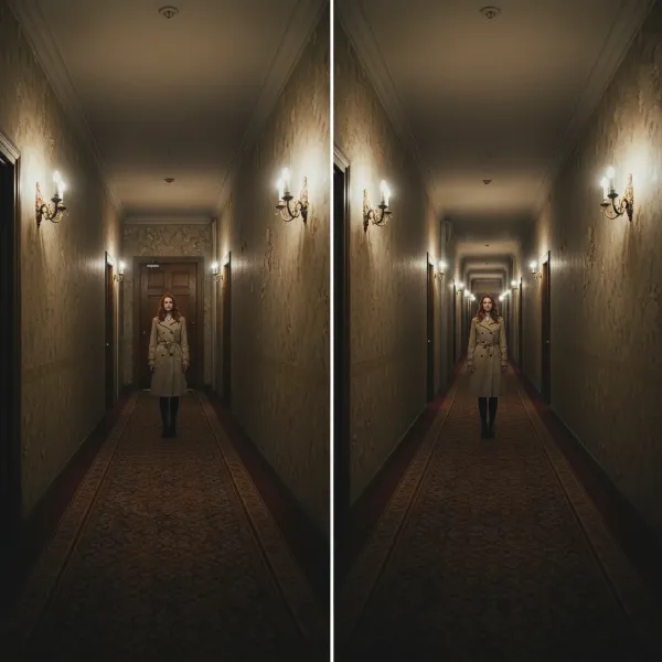 Visual representation of dolly zoom, subject static, background warping dramatically for cinematic effect.