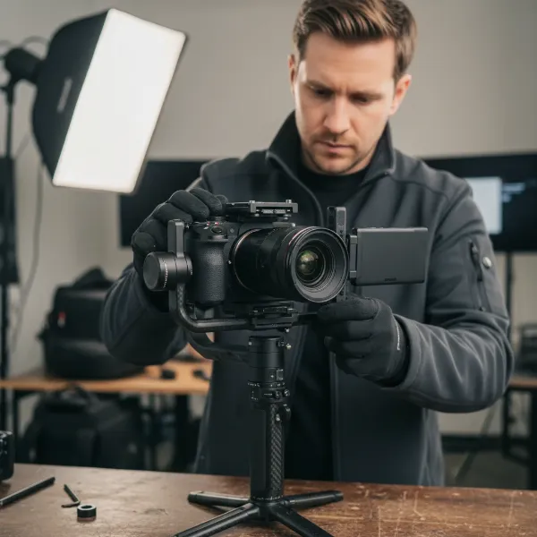 A videographer meticulously balancing a professional camera on a 3-axis gimbal, demonstrating precision adjustment.