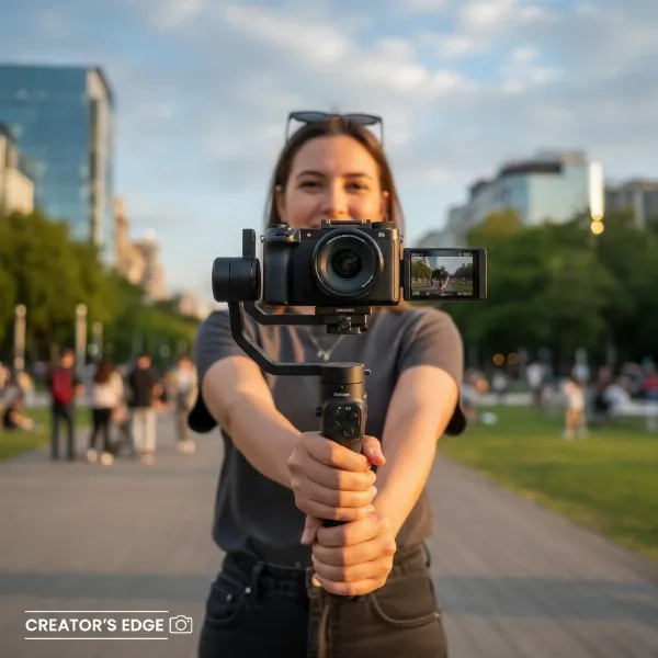 Videographer using a compact handheld motorized gimbal with a mirrorless camera for stable video.