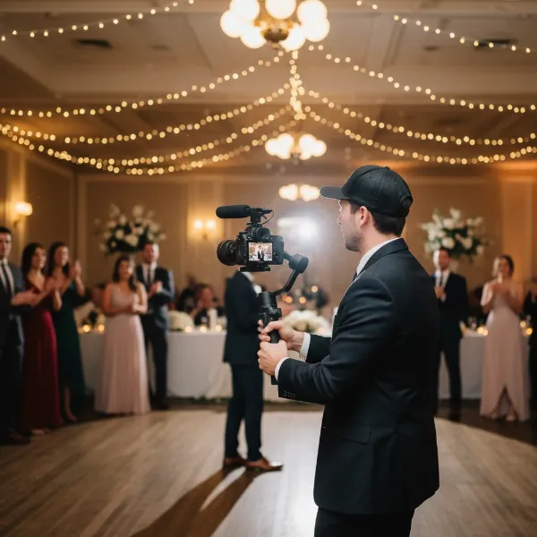 A professional wedding videographer using a gimbal to capture a dynamic moment during a wedding ceremony.