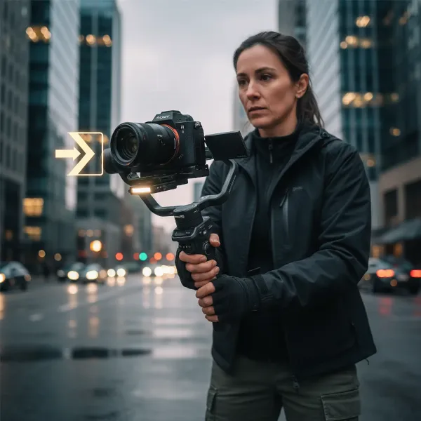 Zhiyun Weebill 3S gimbal demonstrating the quick-release plate with horizontal/vertical switching and the integrated fill light.