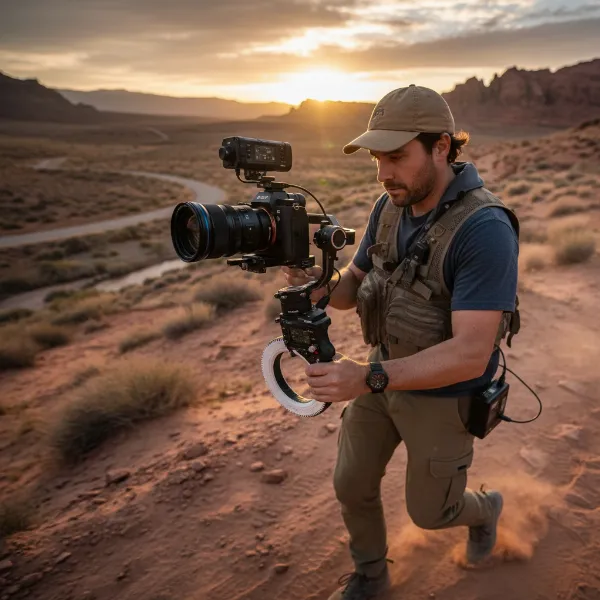 A videographer using a wireless manual follow focus system with a camera on a gimbal