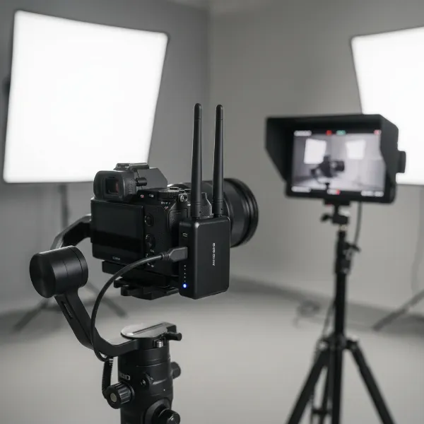 A compact wireless video transmitter mounted on a professional camera gimbal setup, showing a clean, cable-free connection to a remote monitor.