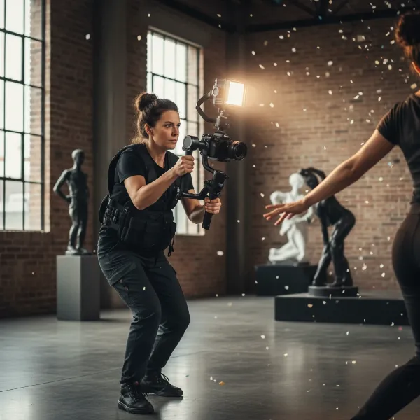 Zhiyun Molus X100 with battery grip on a gimbal, illuminating a scene.