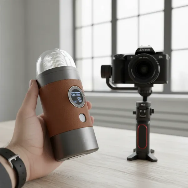 A compact Zhiyun Molus X100 COB LED light, perfect for portable gimbal setups.