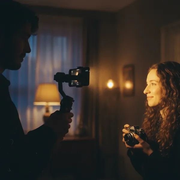 Zhiyun Smooth Q4 with its integrated fill light illuminating a subject, showcasing its functionality in low light settings